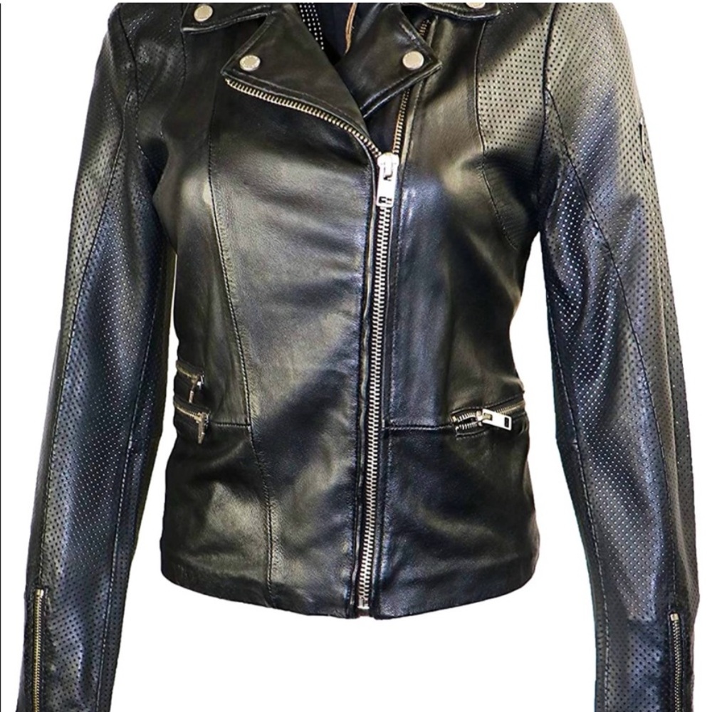 Mauritius Perforated Distressed Black Leather Biker/Moto Jacket Small